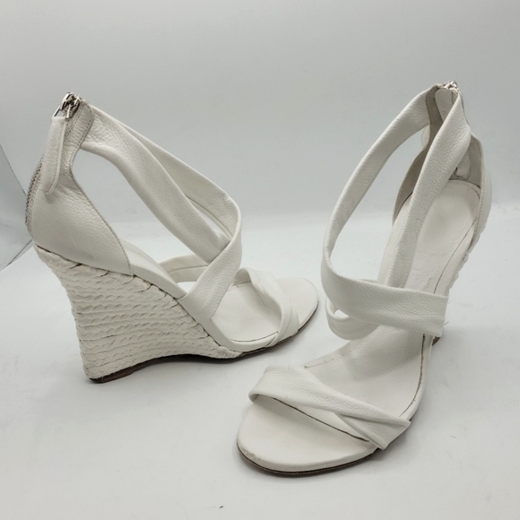 BURBERRY White Leather Back Zip Wedge Espadrilles Raffia Braided Size 39… - Picture 1 of 16